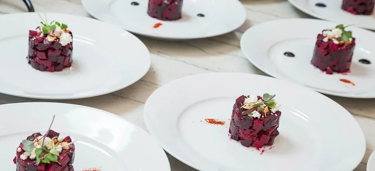 Roasted beet salad plated for an in-home chef dinner